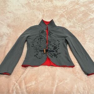 Reversible Military Style Band Jacket - Red & Gray Floral Print Toggle Closure